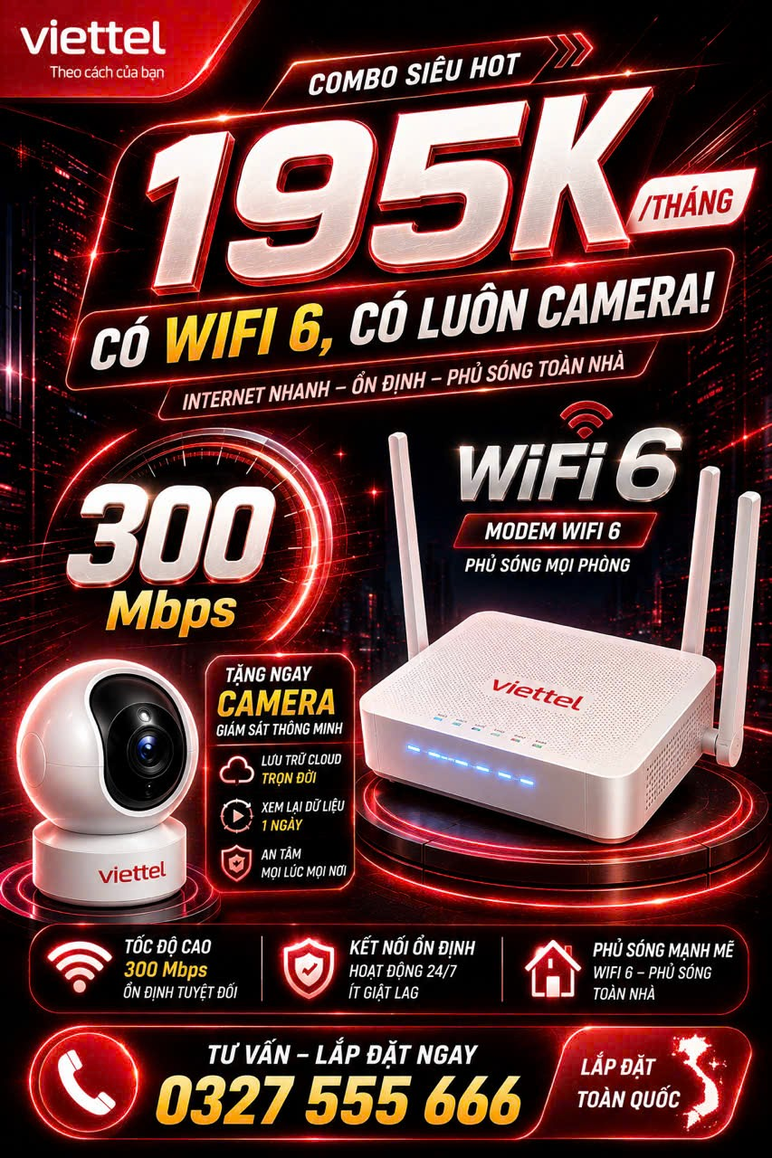 Combo siêu hot 195K/tháng - WiFi 6 + Camera Viettel